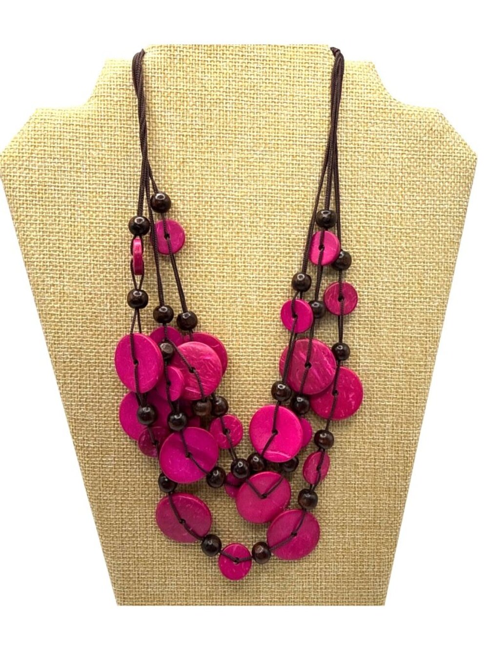 Pink & Black Layered Beaded Necklace With  Cord 22” Long Bohemian Muli Strand